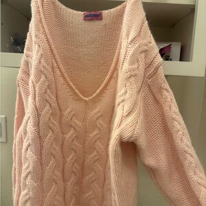 Edikted Soft Pink V-Neck Cable Knit Sweater